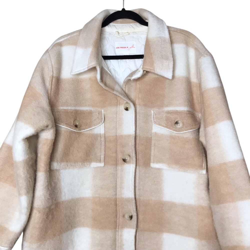 XL Jilly Jillian Harris x Joe Fresh Tan Cream Shacket Tunic Length Plaid - Picture 3 of 13